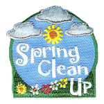 The words Spring Clean Up are surrounded by a blue sky, white clouds and blooming flowers.