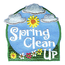 The words Spring Clean Up are surrounded by a blue sky, white clouds and blooming flowers.