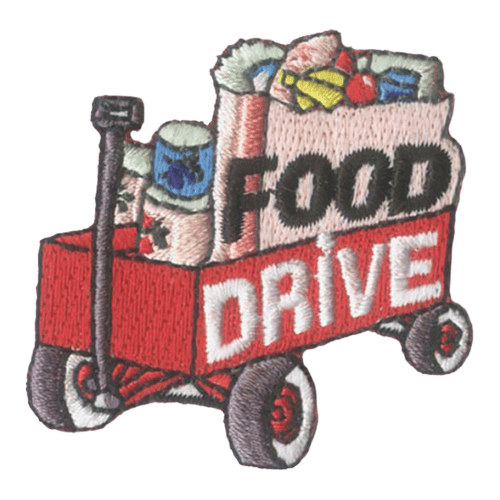 Food Drive is stitched on grocery bags and the side of a red wagon. Inside the wagon is a bag of non-perishables.