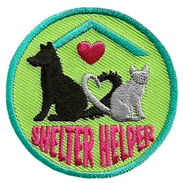 A cat and dog sit facing away from each other. Their tails curve together to make a heart. The words Shelter Helper are at the bottom.