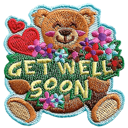 An adorable teddy bear holds a bouquet of flowers, and the words Get Well Soon.