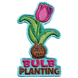 A pink tulip sprouts from a bulb. The words Bulb Planting are below it.