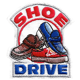 Three different shoes sit between the words Shoe Drive.
