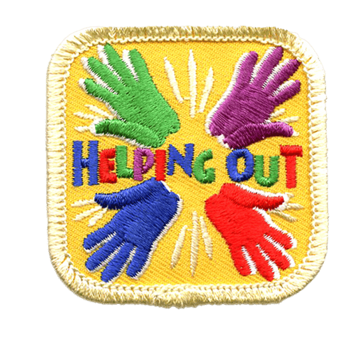 Four multi-coloured hands on a yellow background with the words Helping Out in the center. 