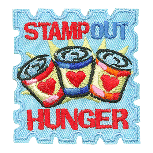 A blue patch in the shape of a stamp. Three cans are in the center. Stamp Out Hunger is written above and below the cans.