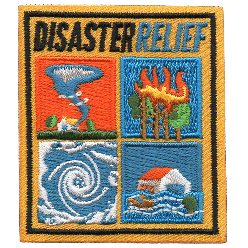 Disaster Relief is embroidered at the top and a grid with four square at the bottom. Each square represents a natural disaster.