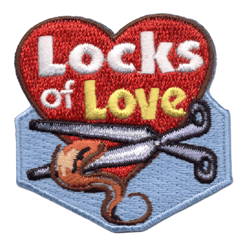 A heart contains the words Locks of Love as scissors are displayed cutting a lock of hair.