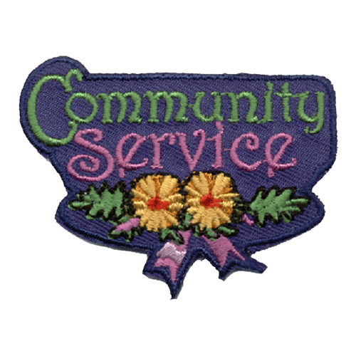 The words Community Service are at the top. Below them are two yellow flowers with green leaves, tied together with a pink ribbon.