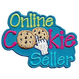 This crest is composed of the words \'Online Cookie Seller\'. The two \'O\'s in \'Cookies\' are two chocolate chip cookies. A computer pointer hand is on top of the double cookies ready to click.
