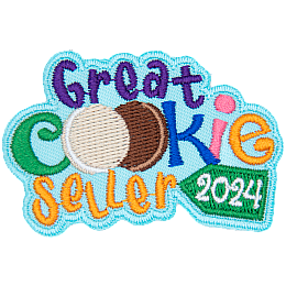 The words Great Cookie Seller have the two Os in Cookie replaced with cookies. There is a tag with the date 2024 on Seller.