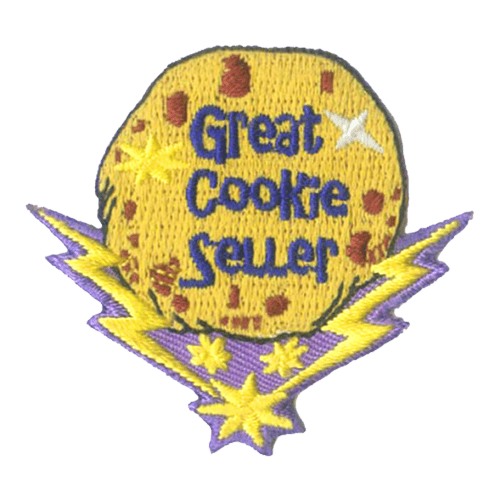 The words Great Cookie Seller are inside a chocolate chip cookie. Lightning bolts converge below the cookie.