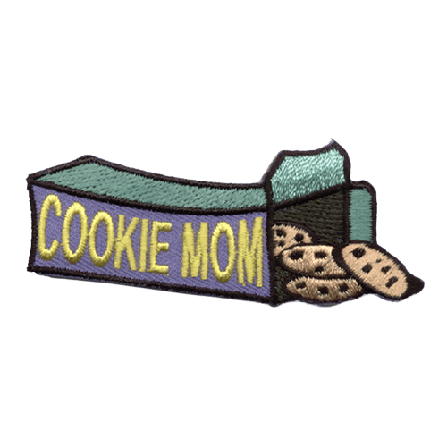 An open box of cookies lies on its side. The words Cookie Mom are stitched on the side of the box.