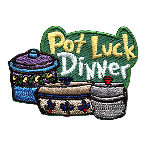 Three colourful dishes sit in a row. The words Pot Luck Dinner are stiched behind them.