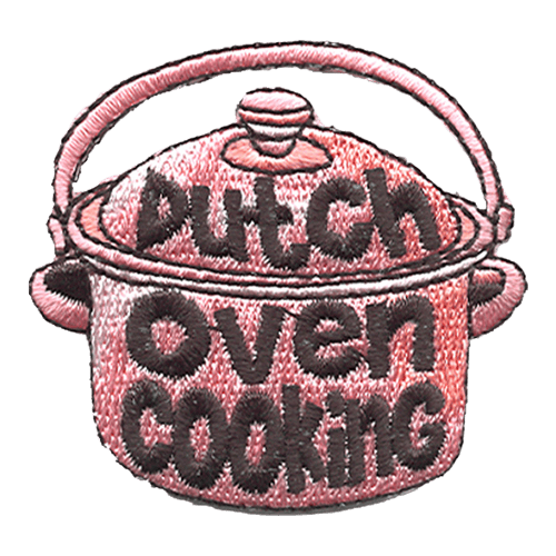 A large pink dutch oven with the words Dutch Oven Cooking stitched on it.
