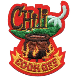 A cauldron sits over a fire with a giant green chili pepper behind it. The word Chili is over the pepper and Cook Off is under the cauldron.