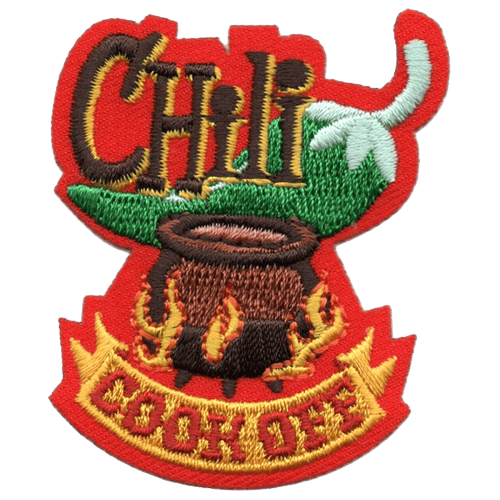A cauldron sits over a fire with a giant green chilli pepper behind it. The word Chili is over the pepper, and Cook Off is under the cauldron.