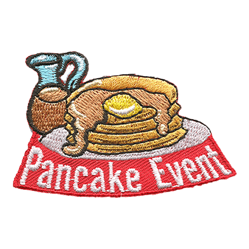 A stack of pancakes with a pitcher of syrup. The words Pancake Event are stitched below.