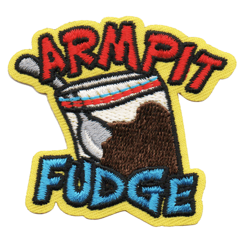 This crest has the words Armpit at the top and Fudge at the bottom. In between the words is a resealable bag with a spoon and chocolate inside.