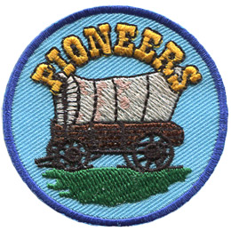 A old covered wagon sits under a heading that says 'Pioneers'.