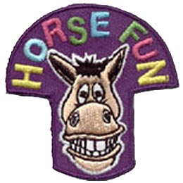 A horse face grins at the viewer. Along the top of the patch the words Horse Fun are embroidered in multiple colours.
