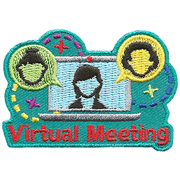 A laptop has the outline of a female on the screen. A speech bubble with a male head inside it pops out of the laptop to the left and a female one does the same on the right. Underneath the laptop are the words Virtual Meeting.