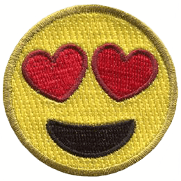 A yellow circle forms a smiley face with hearts for eyes and a big open-mouth smile.