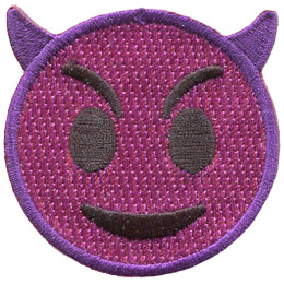A purple circle forms a devil face with short, curved horns, mischievous eyes, and a troublemaker's grin.
