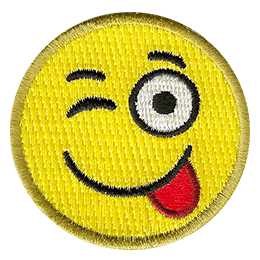 A yellow circle forms a smiley face with one eye winking and its tongue sticking out.