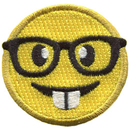 A yellow circle forms a smiley face with buck teeth and glasses over its eyes.