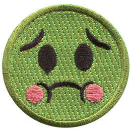 This round emoji has turned green from being nauseated. Its eyebrows are two sloping down over its wide eyes and its mouth is an upside-down 'U' shaped with two red cheeks. The poor thing looks like it is about to hurl.