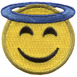 A yellow circle forms a smiling face with a halo wrapped around the top of its head.