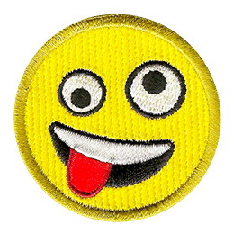 This round, yellow emoji face has two different sized eyes (one looking up and the other looking down) and a wide open mouth with its tongue hanging out.
