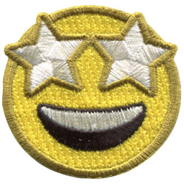A yellow circle forms an emoji face with starry eyes and a wide smile spread over its face.