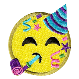 A yellow circle forms an emoji face wearing a birthday hat and blowing on a birthday horn. Streamers, confetti, and stars rain down on either side of its face.