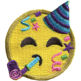 A yellow circle forms an emoji face wearing a birthday hat and blowing on a birthday horn. Streamers, confetti, and stars rain down on either side of its face.
