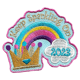 A crown is connected to a cloud with a rainbow. The date 2023 is in the cloud. The words Keep On Sparkling are above it.