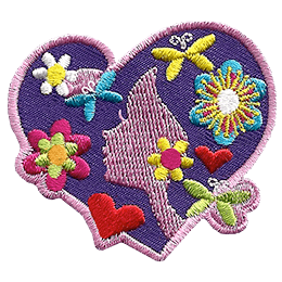 A heart-shaped patch with a feminine face in the center, the rest of the heart is her hair. The heart is covered in multi-coloured flowers.
