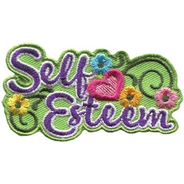 The words Self Esteem are written in cursive script and are surrounded by flowers and green vines.