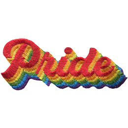 The word \'Pride\' is written in red. It\'s stacked on top of the word \'Pride\' again and again, each layer in a different colour.