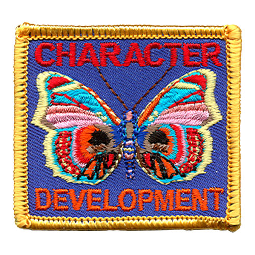 A multi-coloured butterfly on a purple background with the words character above and development below.