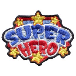 The words Super Hero in blue and red thread.