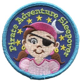 A young girl with an eyepatch and a bandana on. The words Pirate Adventure Sleepover are in an arch above her head.