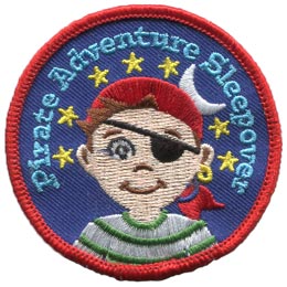 A young boy with an eyepatch and a red bandana. The words Pirate Adventure Sleepover are in an arc above his head.