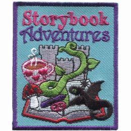 This 2.5'' rectangle patch has the words ''Storybook Adventures'' embroidered at the top. Underneath is a dragon, tea cup, mushrooms, a castle, a beanstalk, and a pencil crayon all emerging from an open book.
