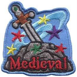 A sword is buried deep within a stone as magical stars and swirls spin about it. The word Medieval is embroidered near the bottom in red.