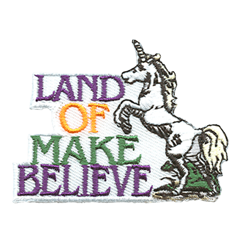 A beautiful white unicorn rears at the words ''Land Of Make Believe.'' The unicorn is a horse with a regular mane, tail, and hooves. A spiral horn grows gracefully from its forehead.