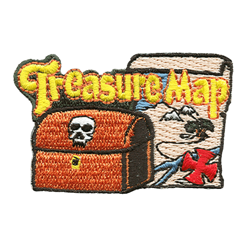 A treasure chest with a skull ornament sits in front of a map with a red X. The words Treasure Map are stitched across the top.