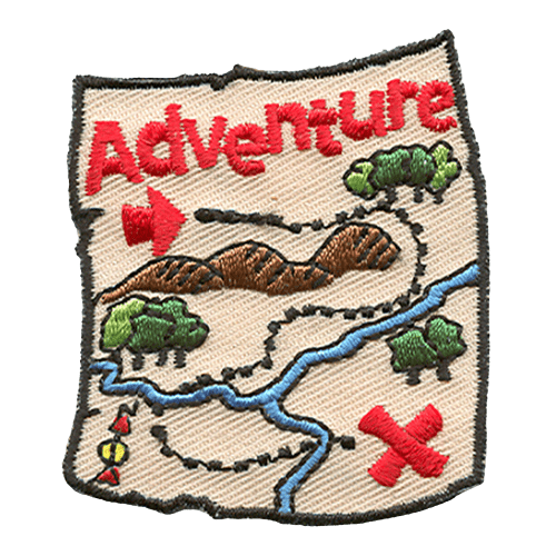 A treasure map with the word Adventure, an arrow pointing to the start of the trail, and a bolded X all in red thread.