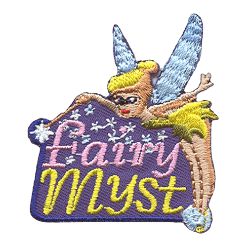 Tinkerbell bends over to cast a magic spell on the words Fairy Myst. 