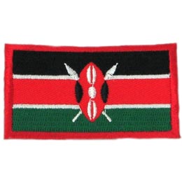 A flag with three horizontal stripes; black, red and green, separated by two white stripes. A Masai shield and two spears are in the center.